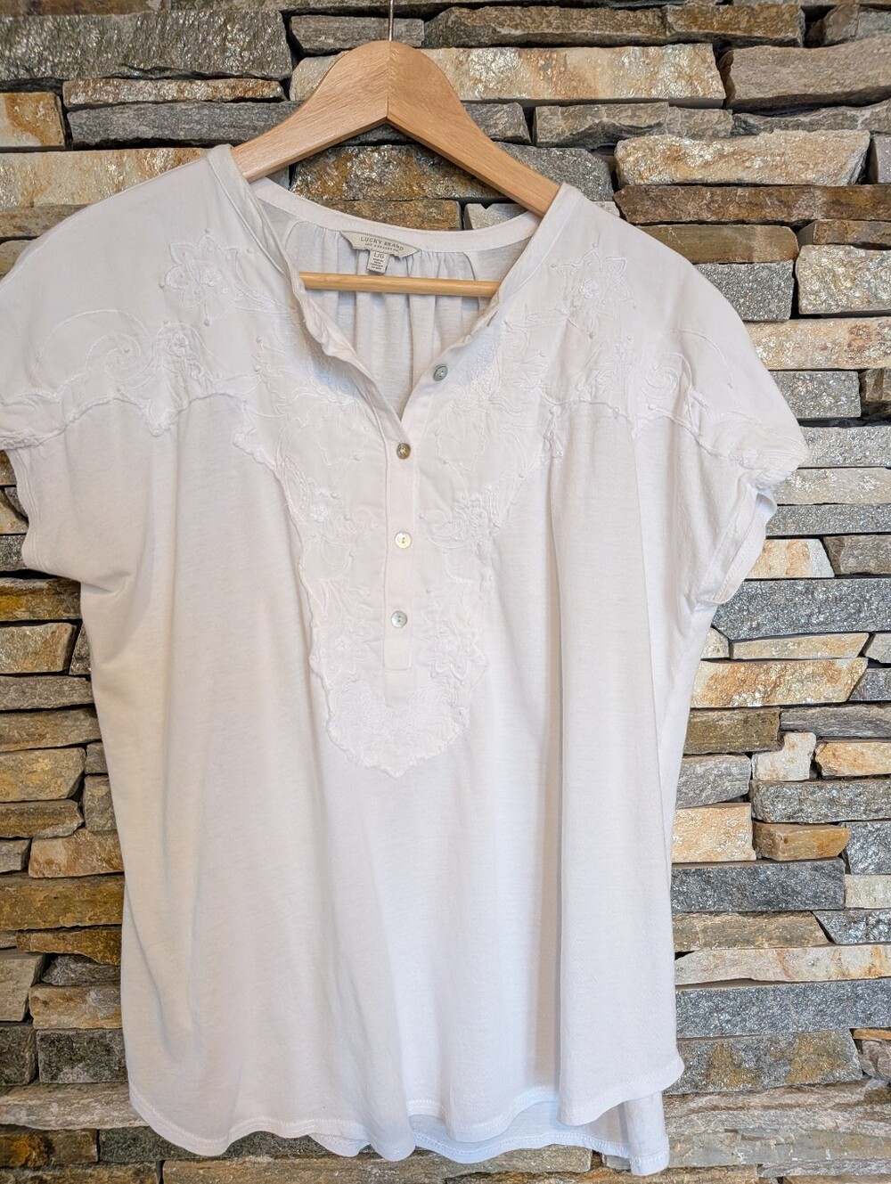 Lucky Brand White Embroidered Henley Top - Women's
